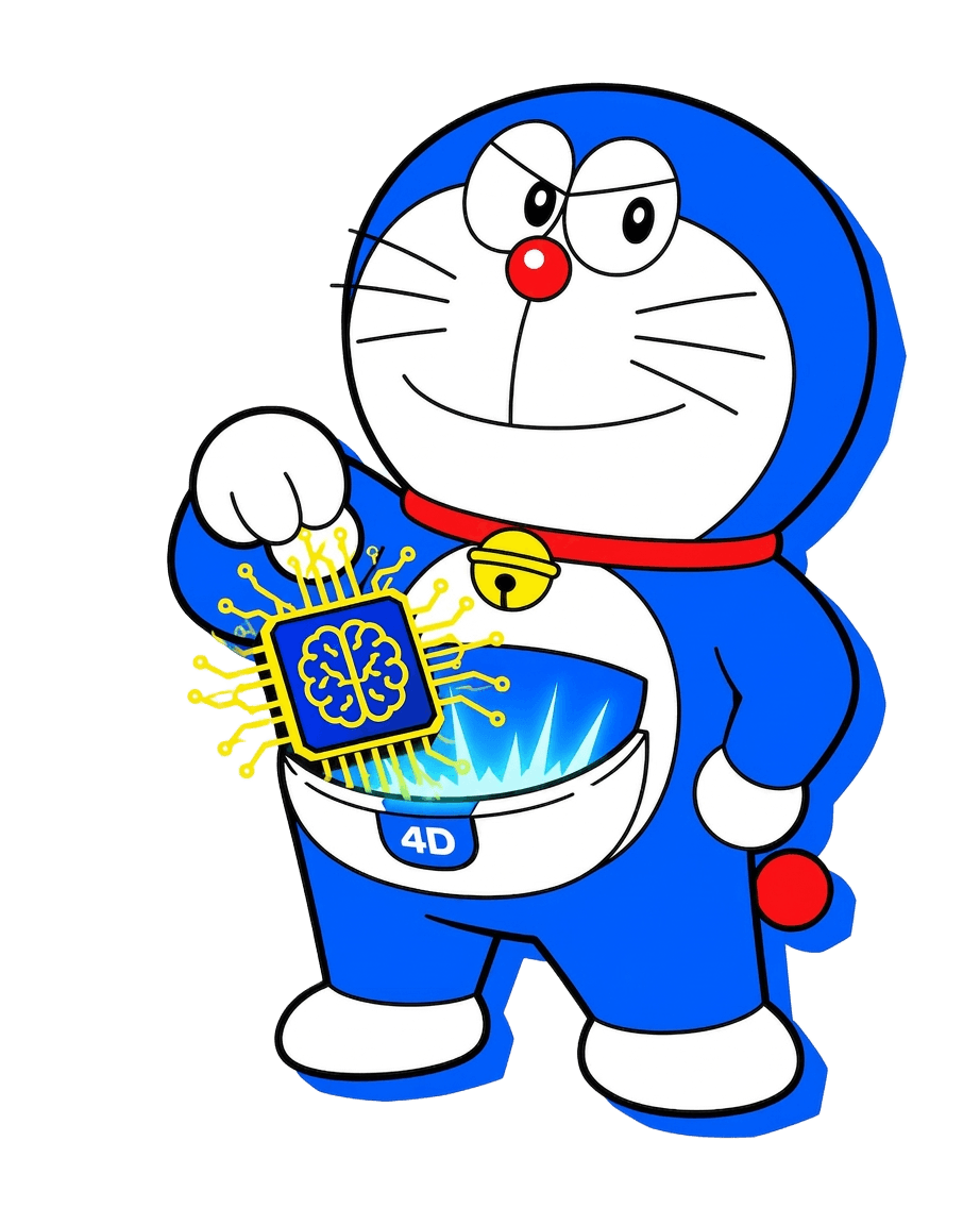 Cerebrix Doraemon mascot pulling AI tools from a 4D pocket